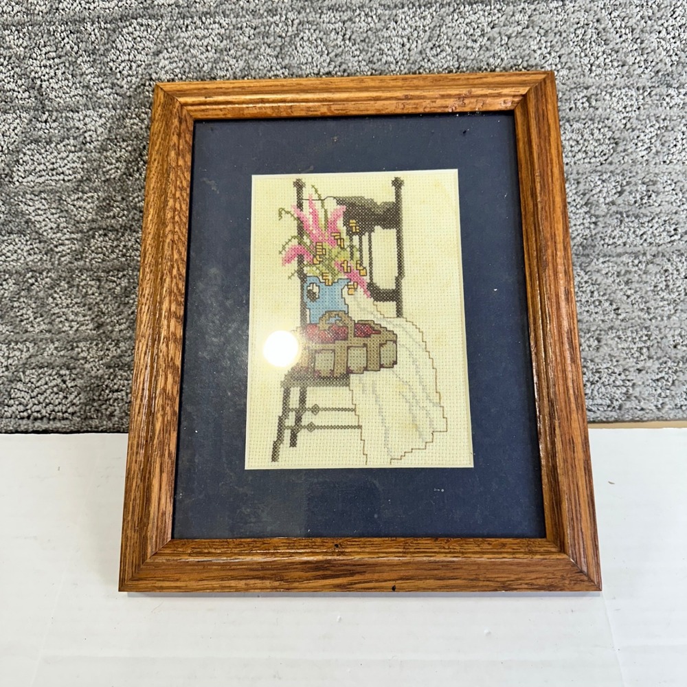 Framed Cross Stitch Needlepoint Art Floral Chair Blue Vase Cottagecore Farmhouse